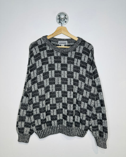 Vintage 1980s Expressions Square Patterned Grey And Black Acrylic Sweater