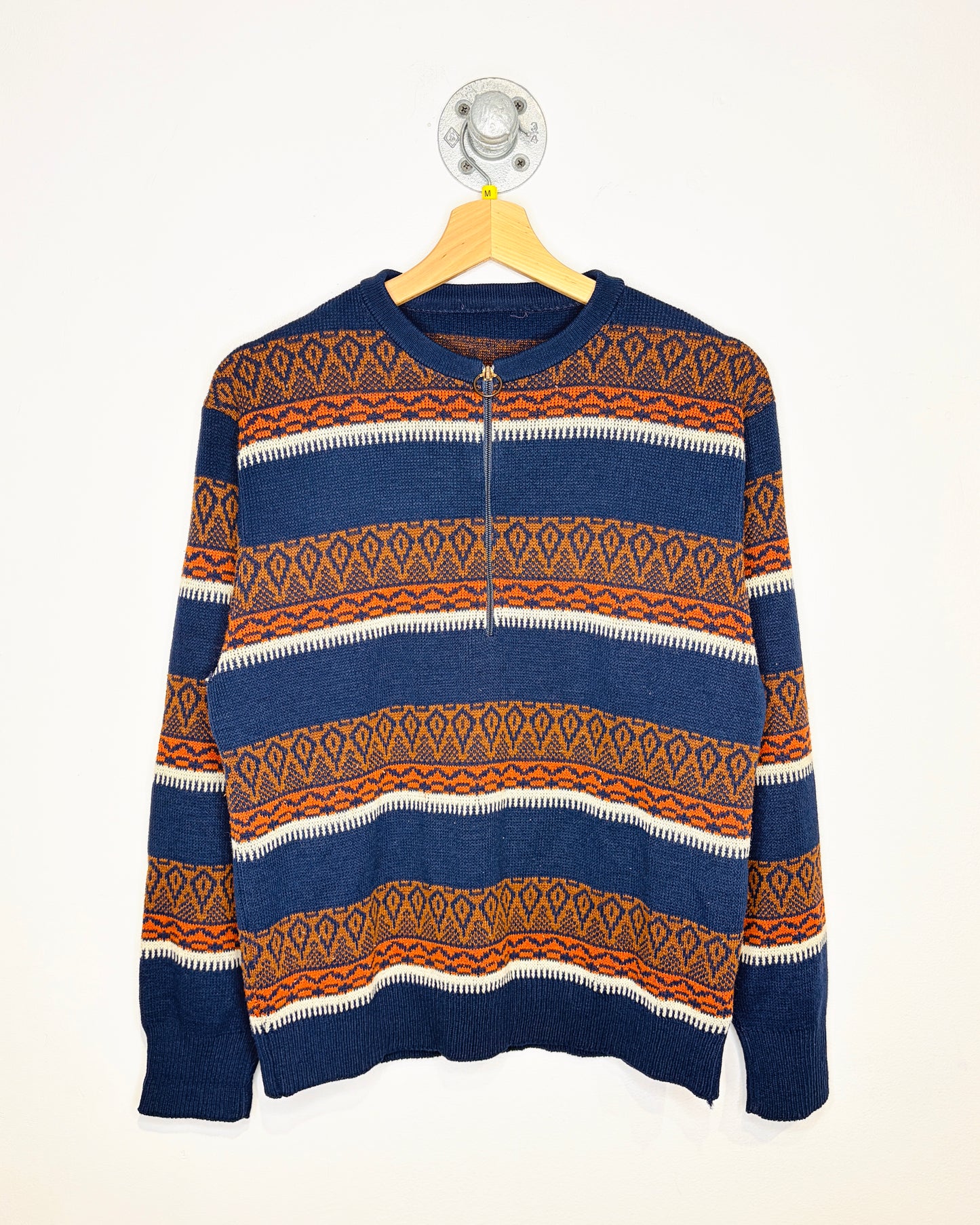 Vintage 1980s Navy And Orange Acrylic Quarter Zip Sweater