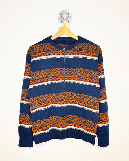 Vintage 1980s Navy And Orange Acrylic Quarter Zip Sweater