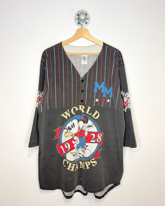 Vintage 90s Disney Mickey Baseball World Champs Black 3/4 Sleeve Shirt
