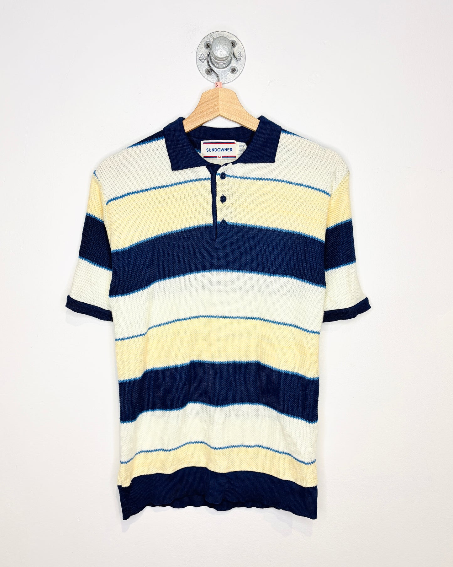 Vintage 1970s Sundowner Navy And Yellow Striped Knit Polo Shirt