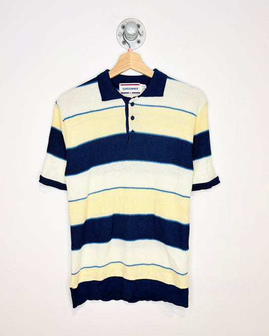 Vintage 1970s Sundowner Navy And Yellow Striped Knit Polo Shirt