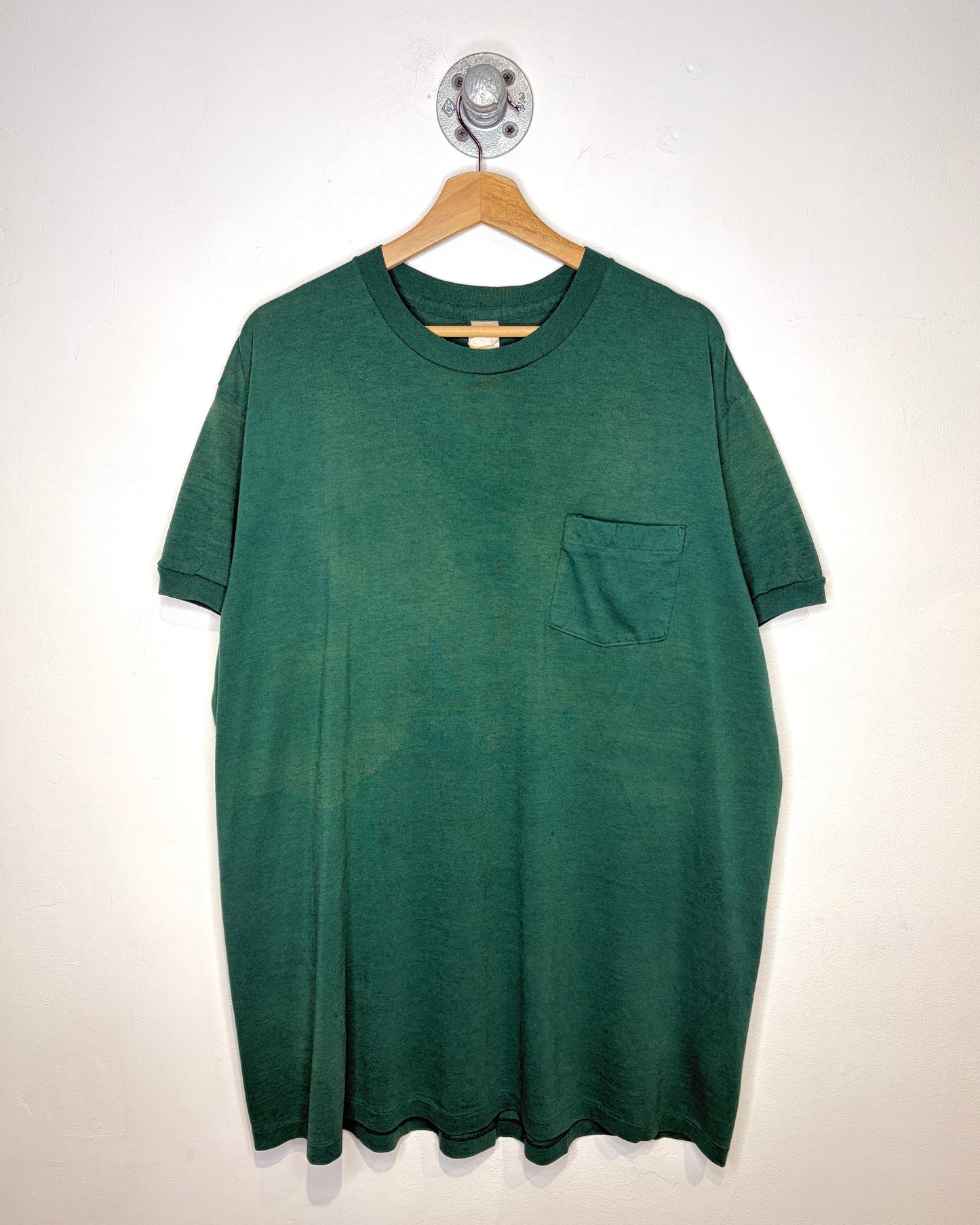 Vintage 90s Blank Faded Forest Green Pocket Ringer Tee Shirt
