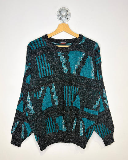 Vintage 90s Exchange Black, Grey & Teal Abstract Sweater