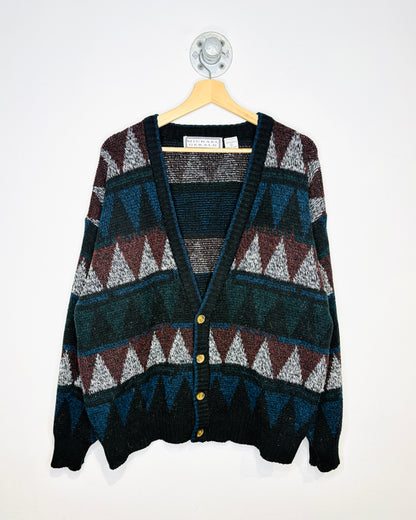 Vintage 1990s Michael Gerald Aztec Print Multi-Colour Acrylic Cardigan