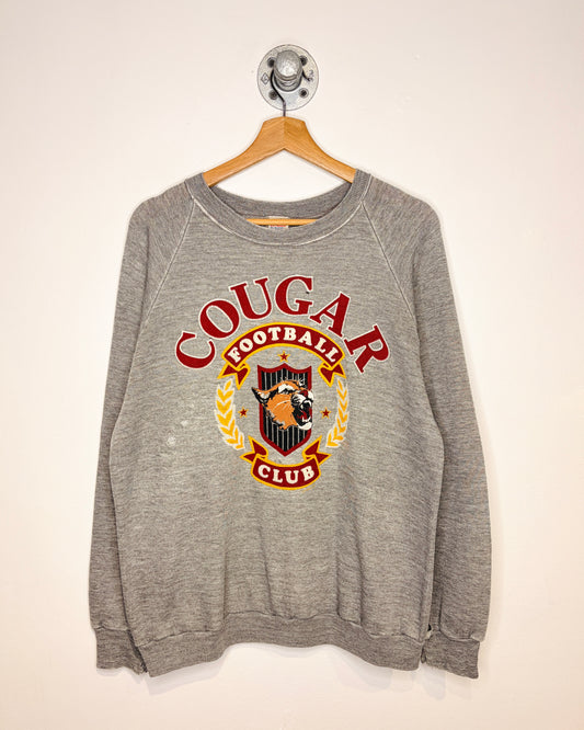 Vintage 80s Distressed Cougar Football Club Thin Grey Crewneck Sweatshirt