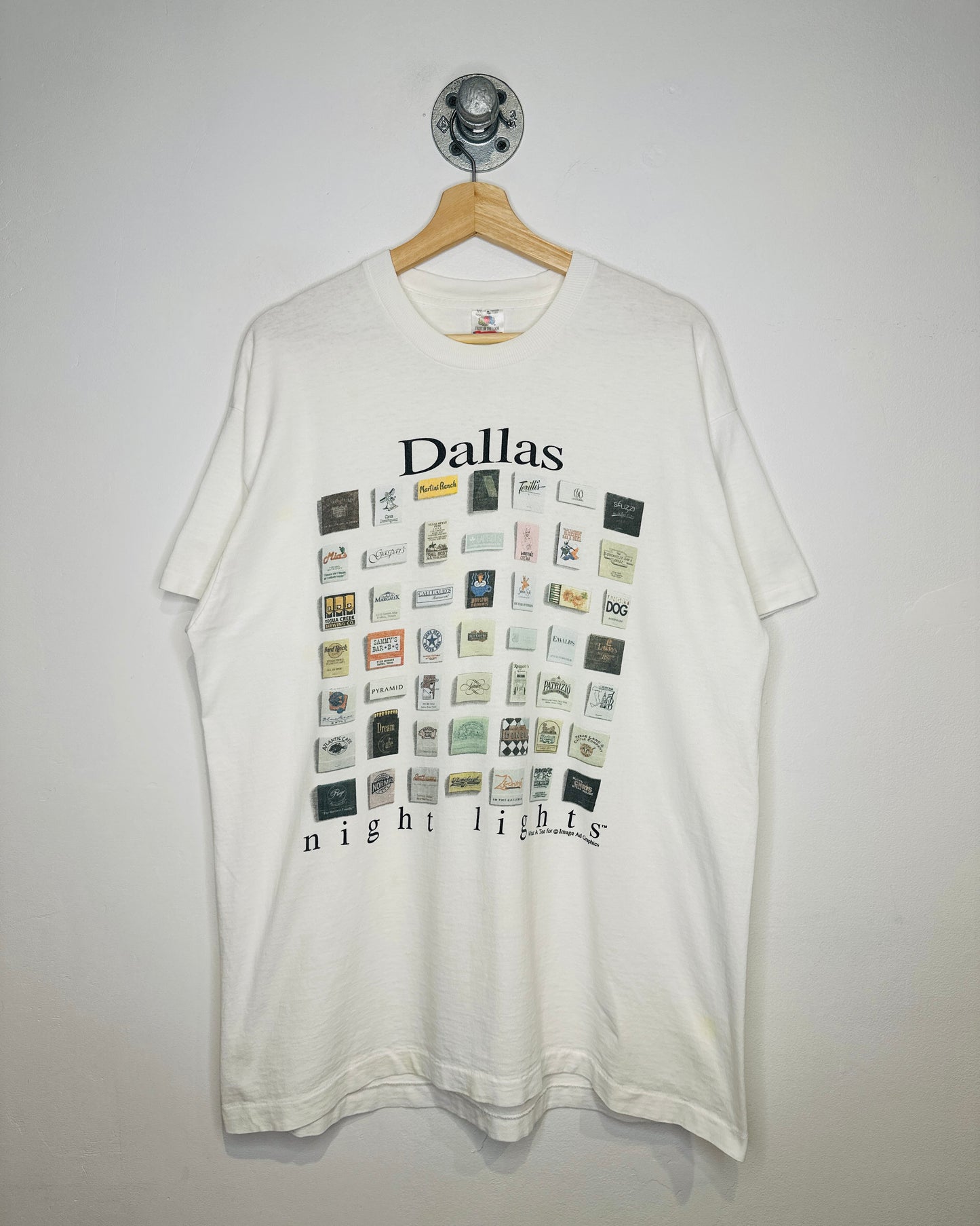 Vintage 1990s Dallas Night Lights White Graphic Print Tee Shirt