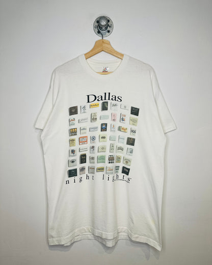 Vintage 1990s Dallas Night Lights White Graphic Print Tee Shirt