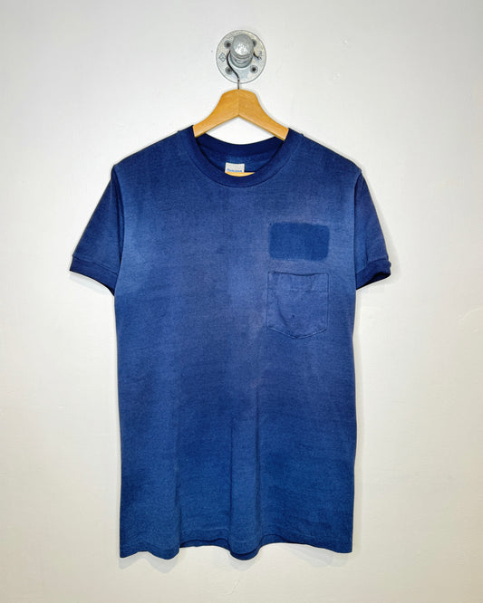 Vintage 90s Blank Sun Faded Navy Ringer Tee Shirt