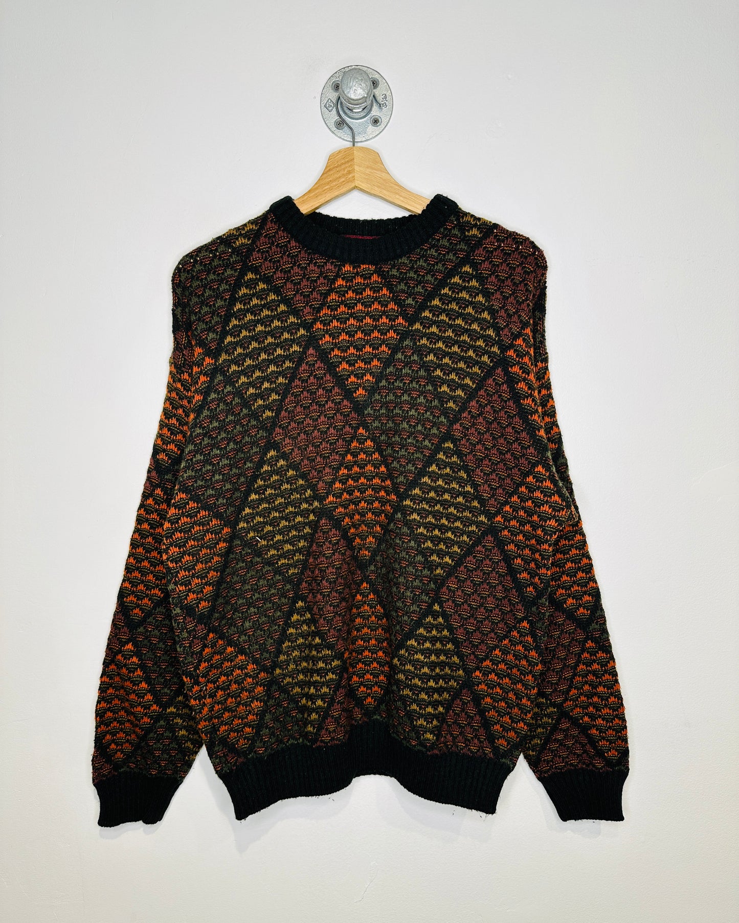 Vintage 1980s The Men’s Store Geometric Patterned Orange And Black Acrylic Sweater