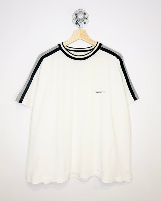 Vintage 90s/Y2K Point Zero Boxy White & Navy Waffle Tee Shirt