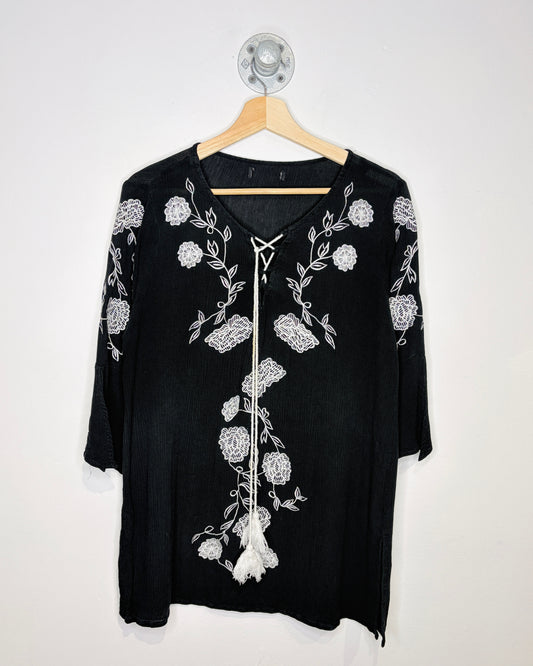 Floral Embroidery Black And White Tie Up Women’s Top