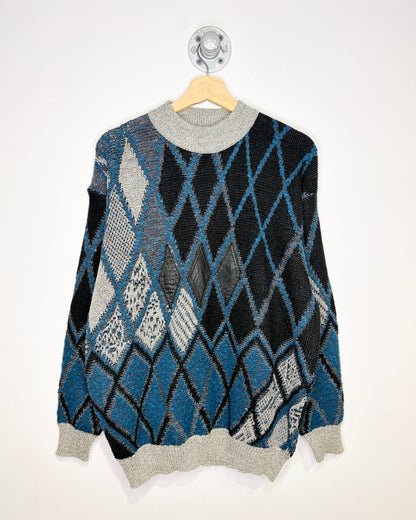 Vintage 90s Peter England Argyle Print Grey Mock Neck Sweater