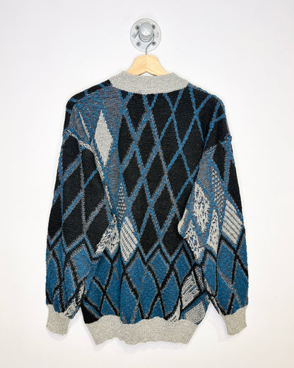 Vintage 90s Peter England Argyle Print Grey Mock Neck Sweater