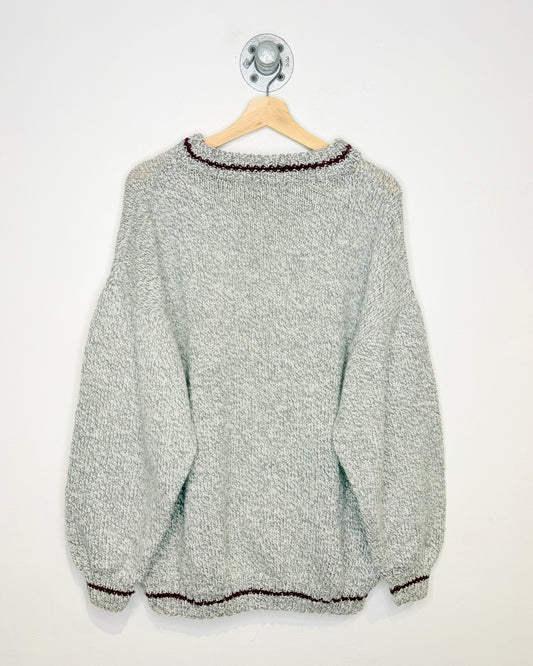 Vintage Hand-knit Ash Grey & Maroon Chunky Sweater