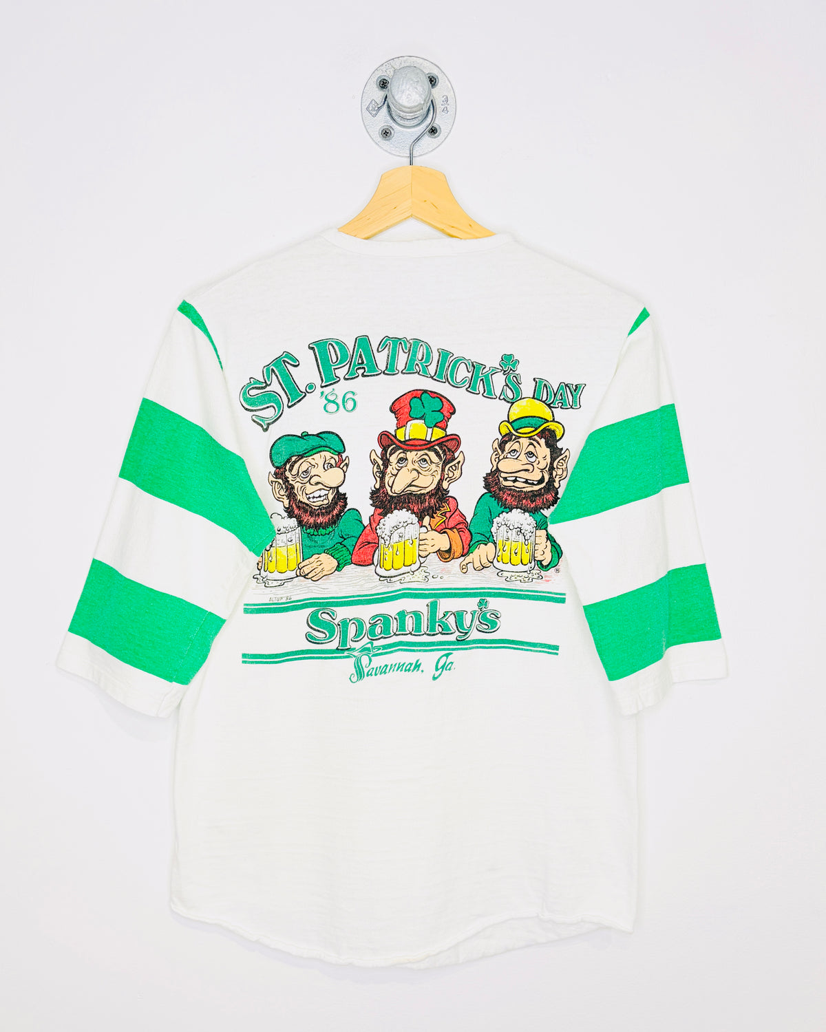 Vintage 1986 Spanky’s Quarter Sleeve White And Green Henley Shirt