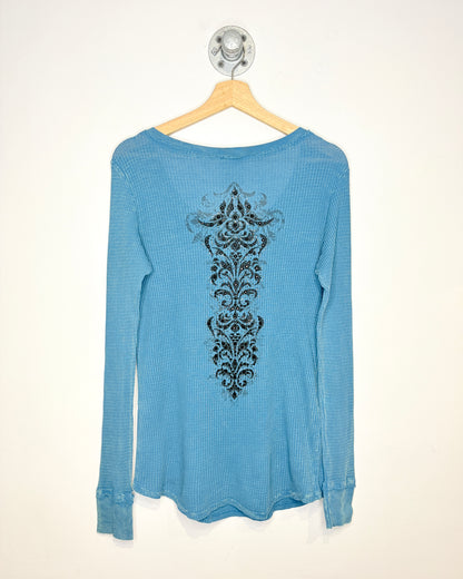 Vintage Women’s Y2K Vocal Brand Bedazzled Blue Thermal Longsleeve Shirt