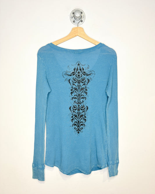 Vintage Women’s Y2K Vocal Brand Bedazzled Blue Thermal Longsleeve Shirt