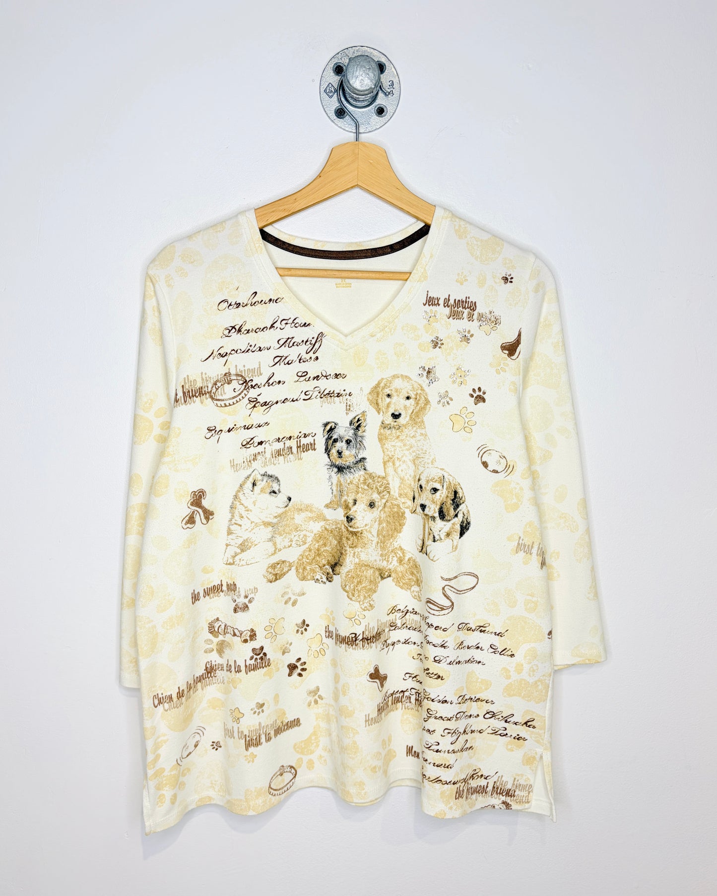 “The Sweet Pup” Rhinestone Paws Beige V Neck Tee Shirt
