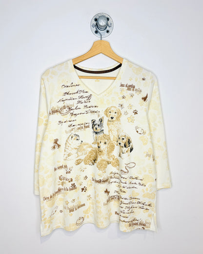 “The Sweet Pup” Rhinestone Paws Beige V Neck Tee Shirt