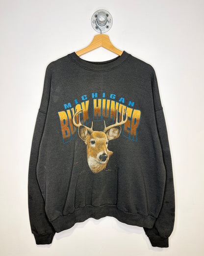 Vintage 90s Michigan Buck Hunter Faded Black Crewneck Sweatshirt