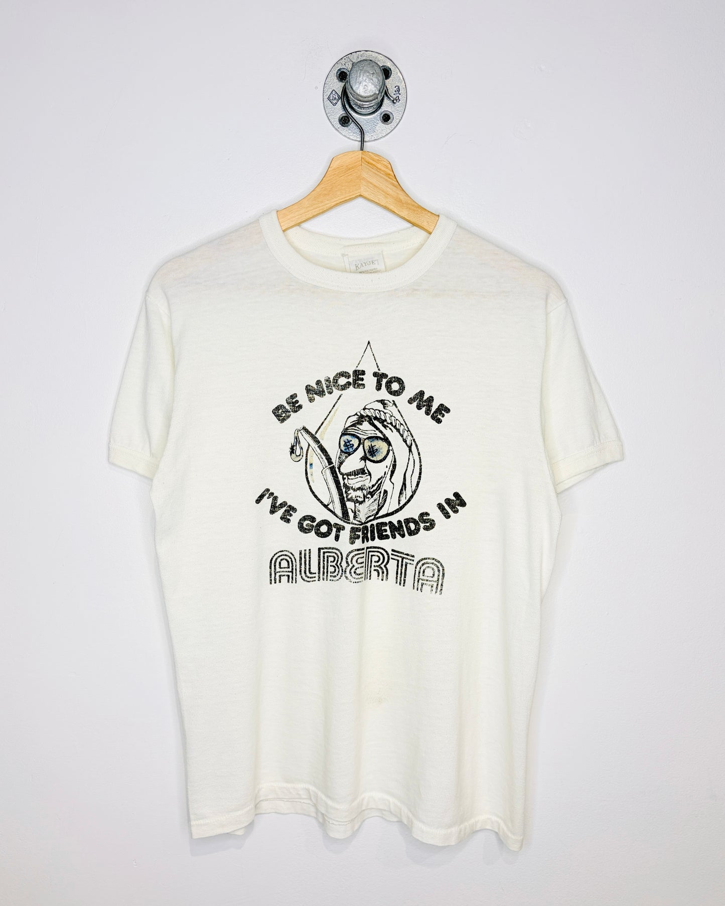 Vintage 80s “I’ve Got Friends In Alberta” Paper Thin White Ringer Tee Shirt