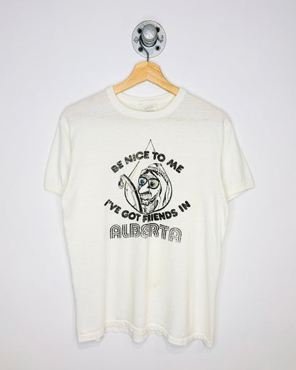 Vintage 80s “I’ve Got Friends In Alberta” Paper Thin White Ringer Tee Shirt