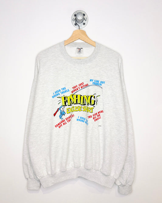 Vintage 2000s Fishing Excuse Grey Crewneck Sweatshirt