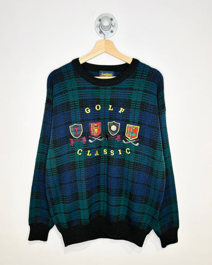 Vintage 90s Golf Classic Plaid Black & Teal Sweater