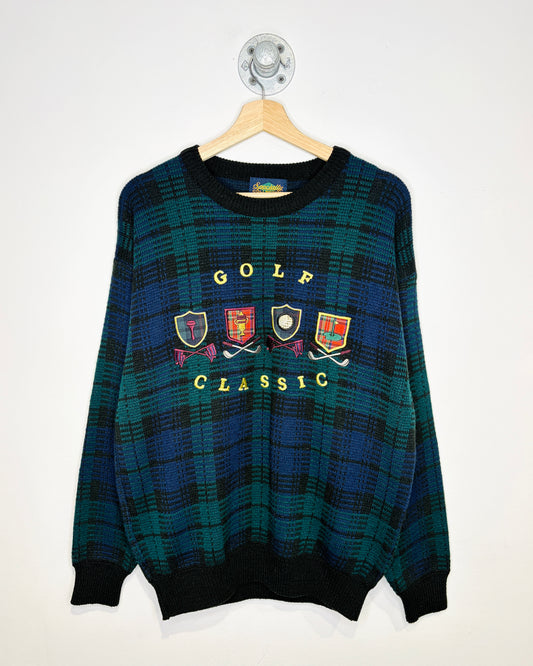 Vintage 90s Golf Classic Plaid Black & Teal Sweater
