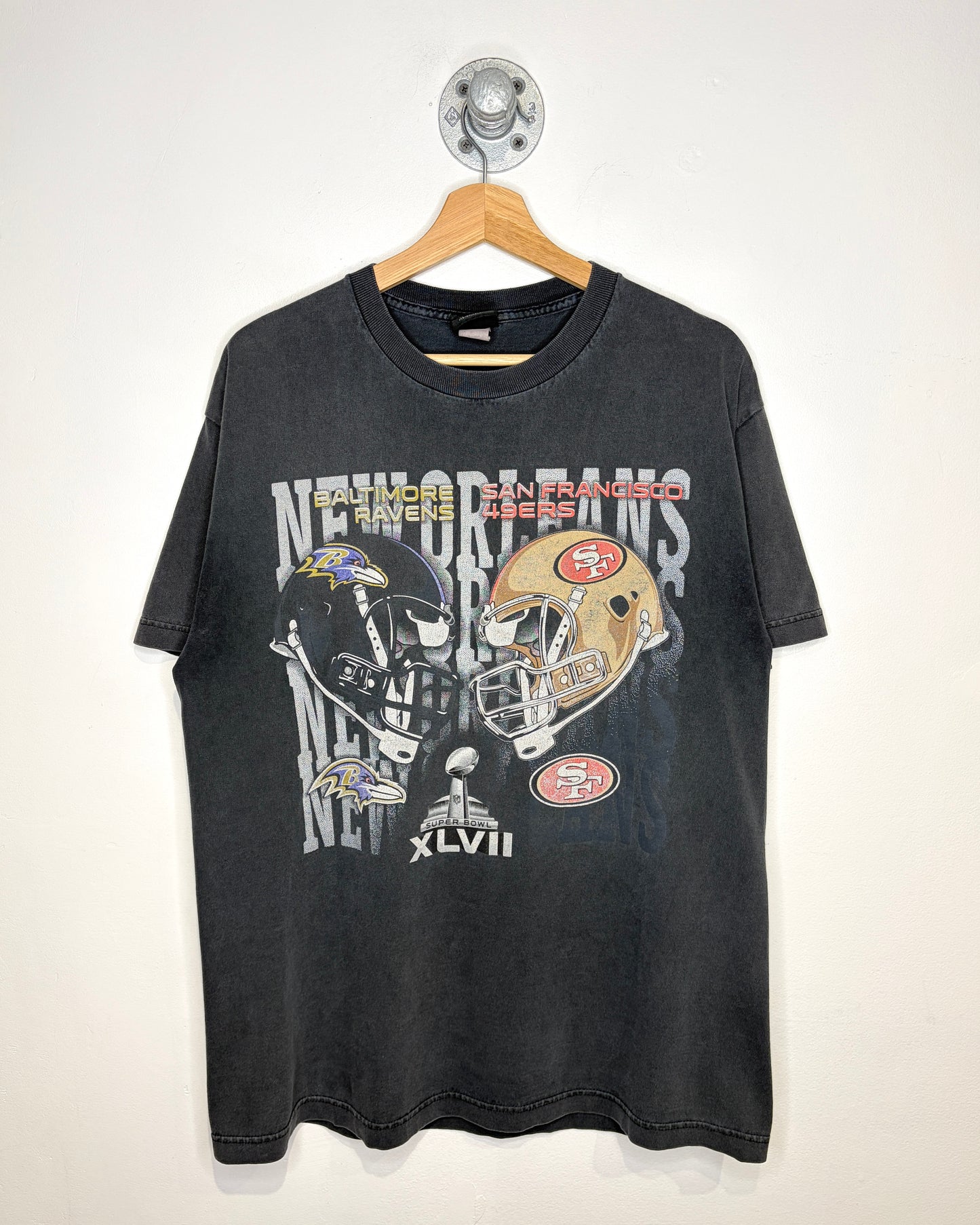 NFL Super Bowl XLVII 49ers VS Ravens Faded Black Tee Shirt