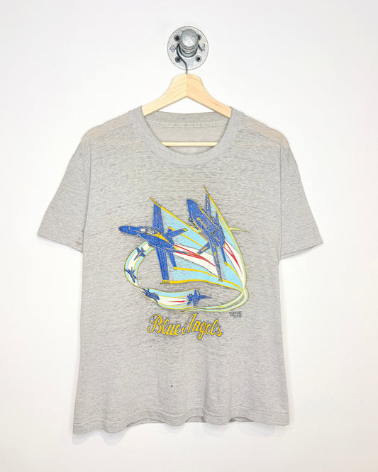 Vintage 1990 Blue Angels Paper Thin Grey Slub Tee Shirt