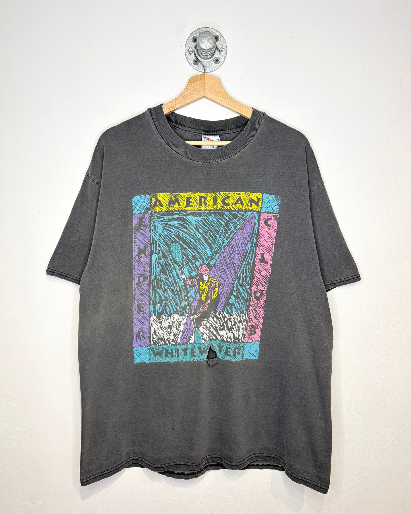 Vintage 1990s American Whitewater Club Faded Black Graphic Tee Shirt