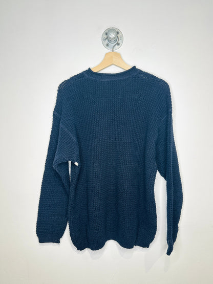 Vintage 2000s Navy And White Three Stripe V Neck Cable Knit Sweater