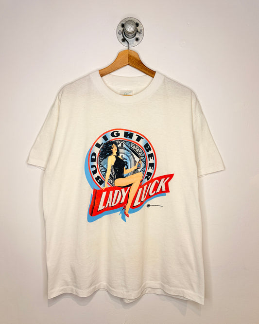 Vintage 1990 Bud Light Beer Lady Luck White Tee Shirt