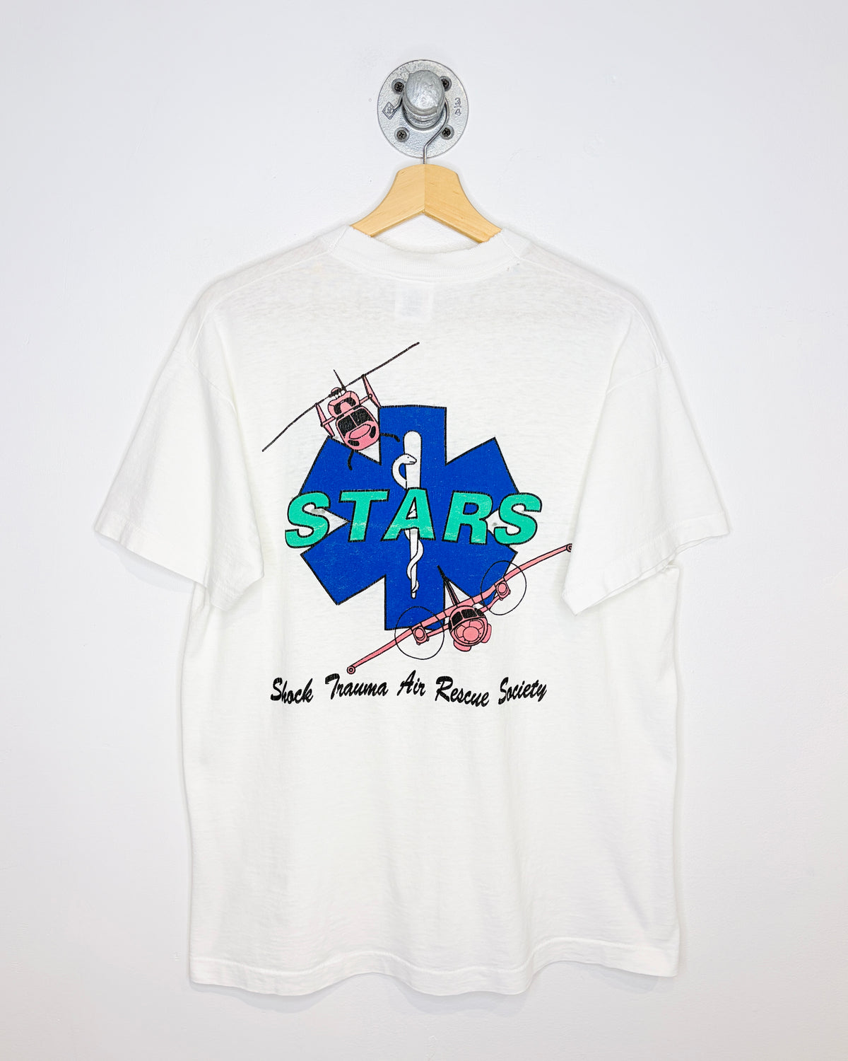 Vintage 90s Stars Flight For Life Distressed White Tee Shirt