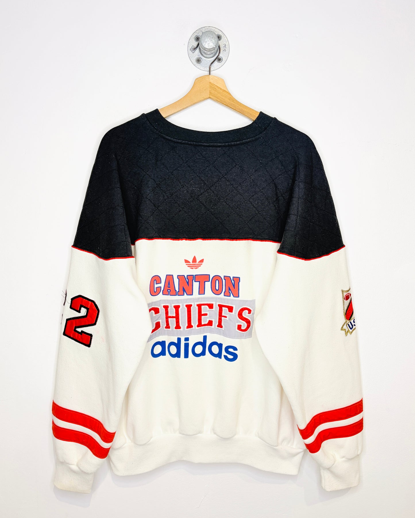 Vintage 1990s Adidas Canton Chiefs Black Quilted Shoulder Crewneck Sweatshirt