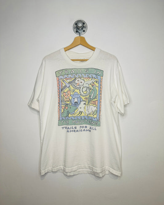 Vintage 1993 Trails In The Mountains Animals Graphic White Tee Shirt