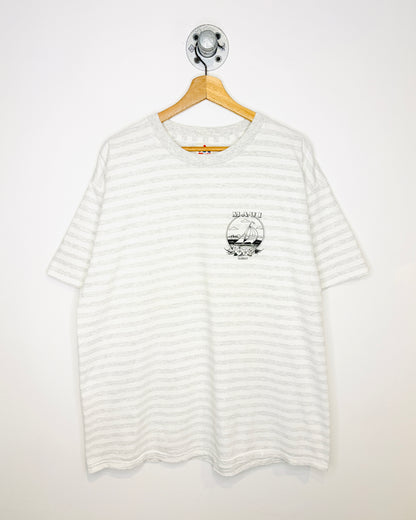 Vintage 90s Maui Hawaii Grey & White Striped Tee Shirt
