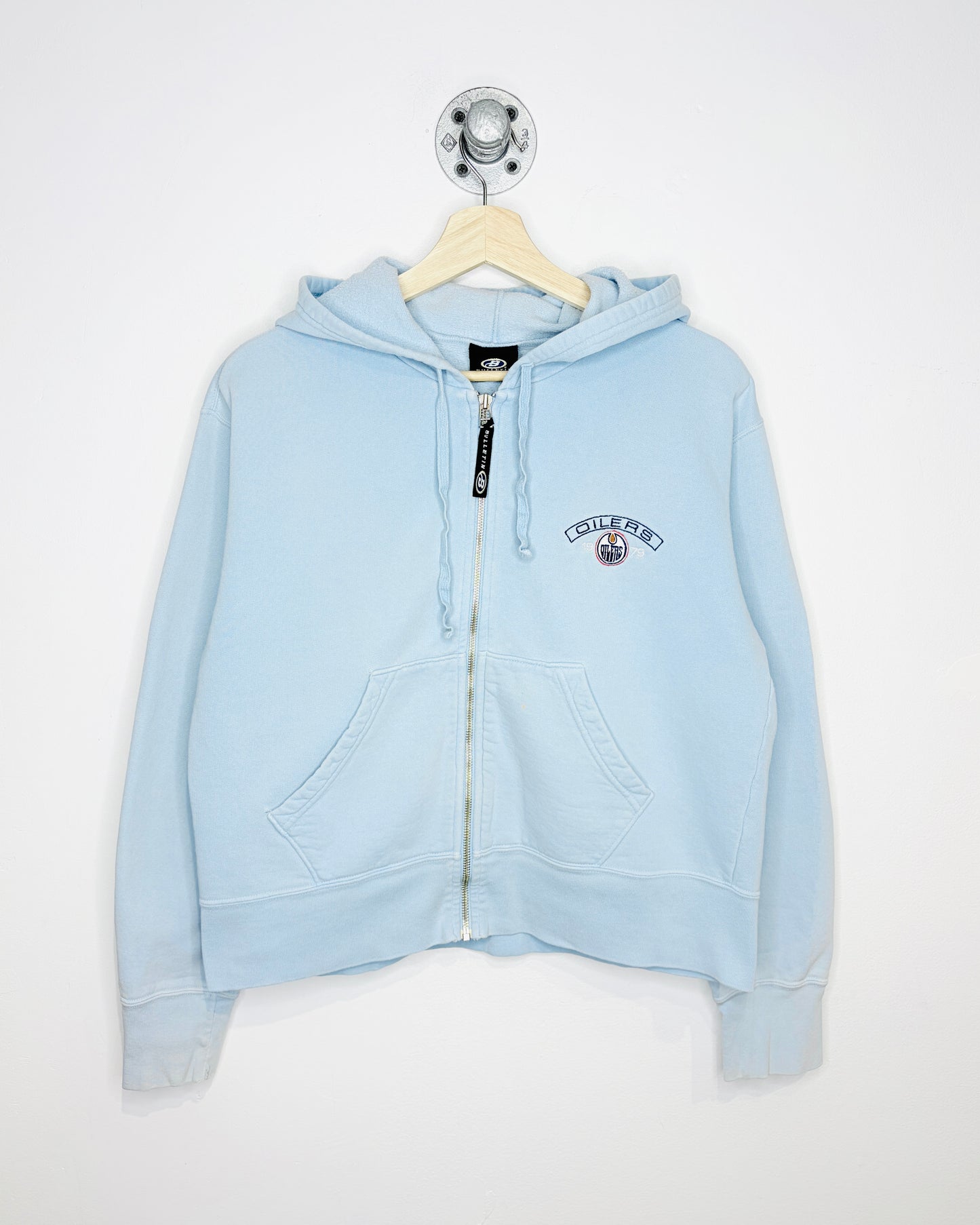 Vintage 90s Women’s Bulletin Edmonton Oilers Light Blue Zip Up Hoodie