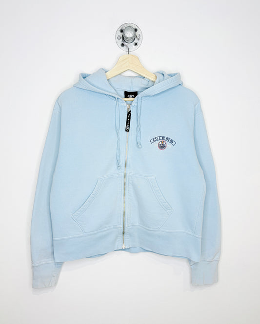 Vintage 90s Women’s Bulletin Edmonton Oilers Light Blue Zip Up Hoodie