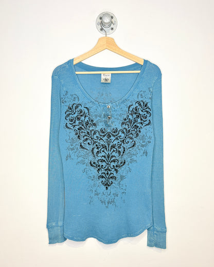 Vintage Women’s Y2K Vocal Brand Bedazzled Blue Thermal Longsleeve Shirt