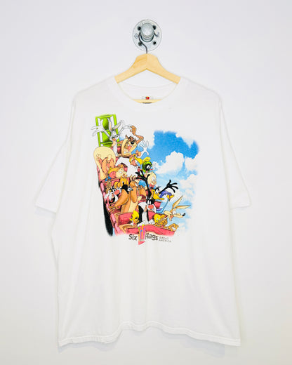 Vintage 1990s Six Flags Looney Tunes Great America White Graphic Tee Shirt