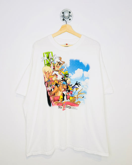 Vintage 1990s Six Flags Looney Tunes Great America White Graphic Tee Shirt