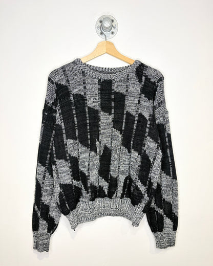 Vintage 90s Boxy Grey & Black Abstract Pattern Sweater