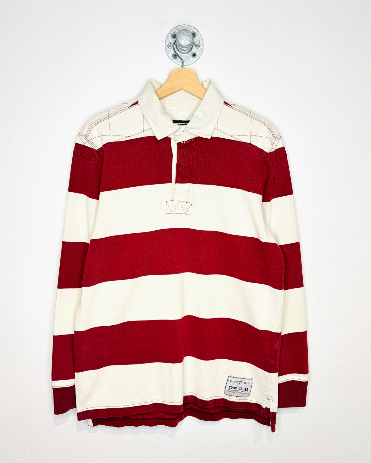 Vintage 2000s Eddie Bauer Burgundy And White Long Sleeve Rugby Shirt