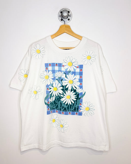 Vintage 90s Northern Reflections Daisies & Ladybugs AOP White Tee Shirt