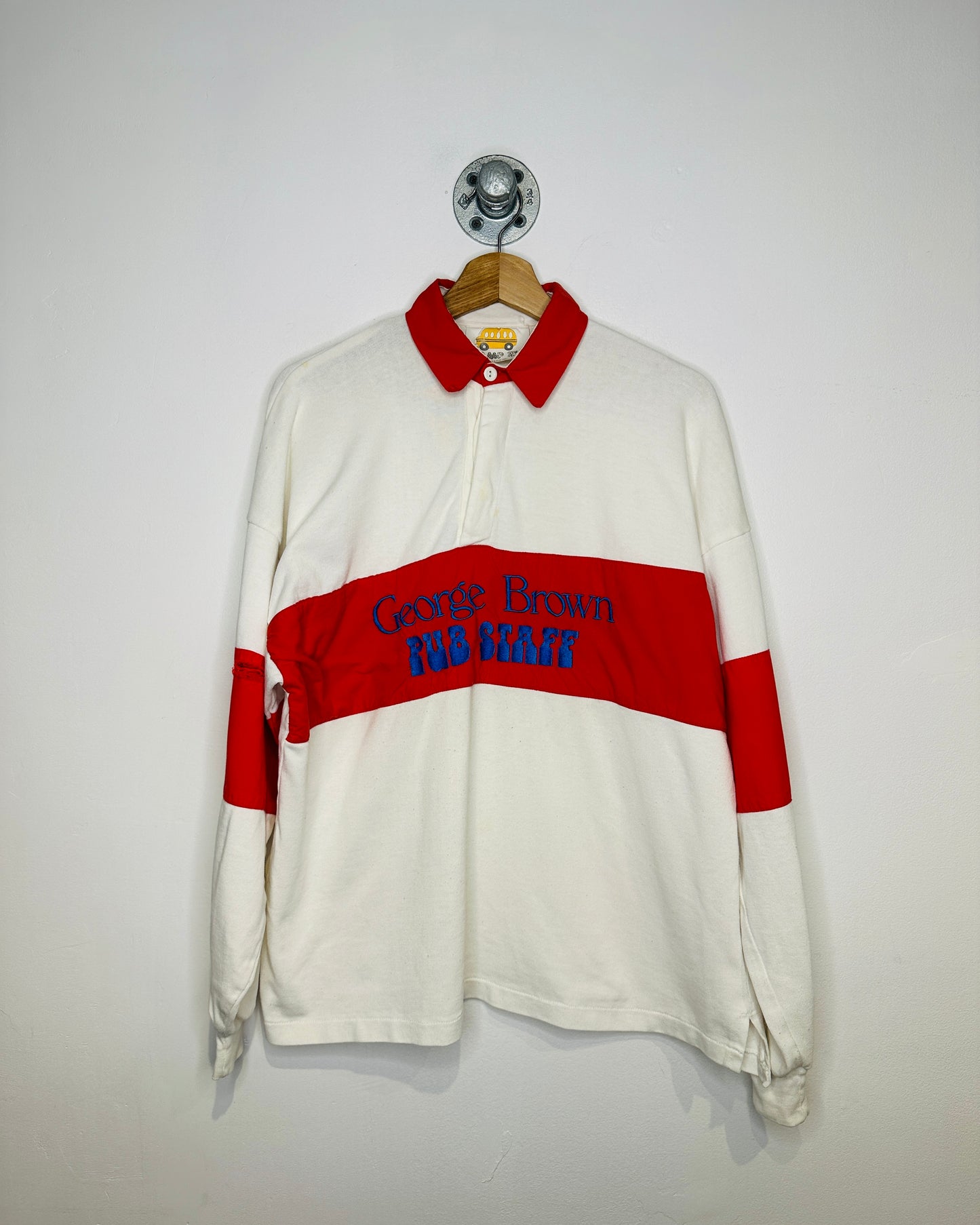 Vintage 1987 George Brown Pub Staff Long Sleeve Red And White Polo Shirt