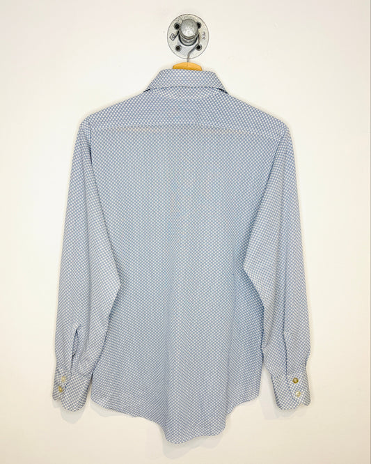 Vintage 1970s One Pocket Geometric Patterned Light Blue Button Up Shirt