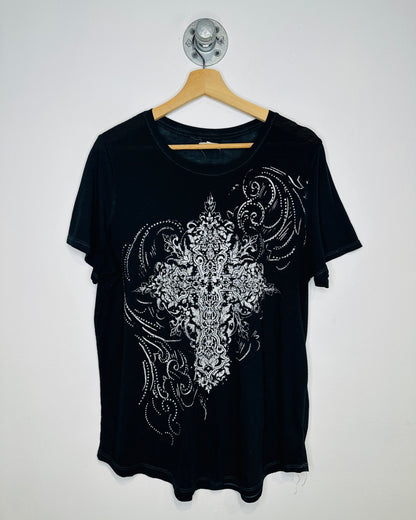 2000s Rhinestone Fleur De Lis Black Women’s Tee Shirt